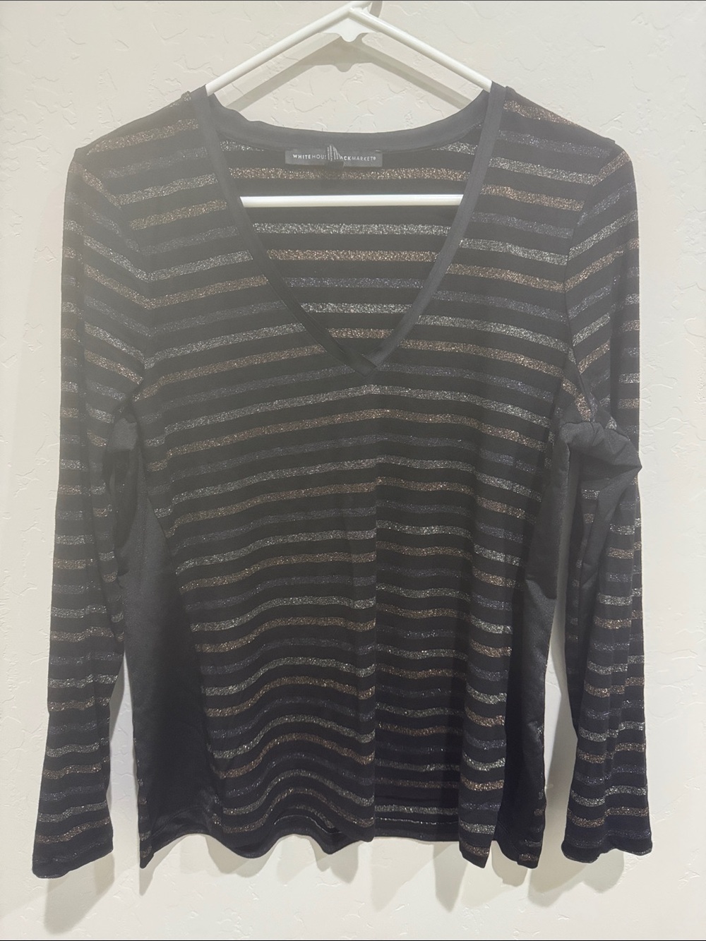 White House Black Market Black Top with Gold Metallic Stripes